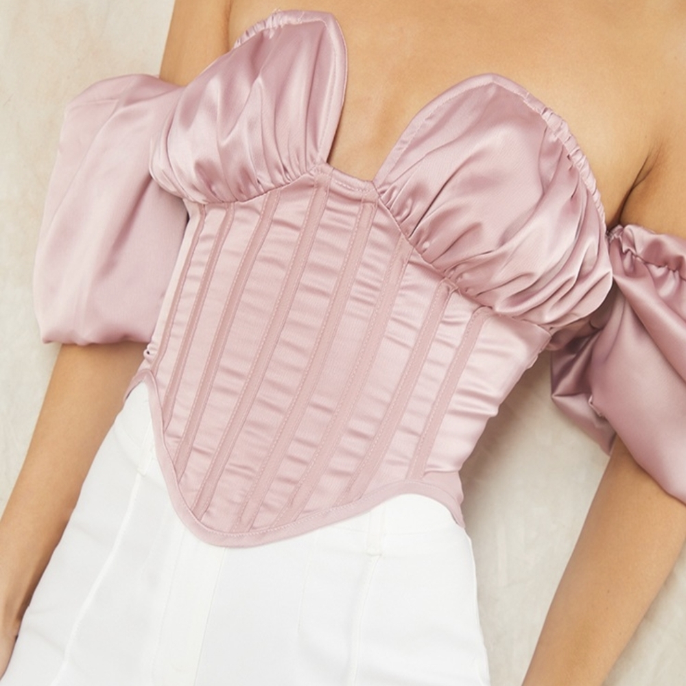 PLT Lilac Pinkish Mauve Textured Satin Bardot Corset Off Shoulder Top 🌸
